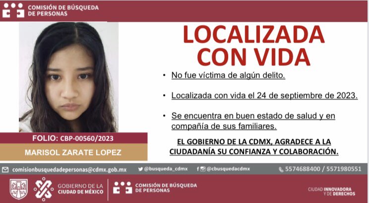 busqueda_cdmx's tweet photo. Se informa a la ciudadanía que MARISOL ZARATE LÓPEZ, ha sido localizada. 
El Gobierno de la CDMX agradece la colaboración y confianza de la ciudadanía.
@GobCDMX 
@martibatres https://t.co/f9zeXEWx6s