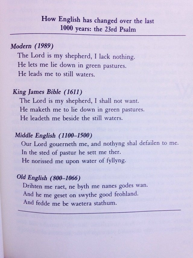 nrken19's tweet photo. How English has changed over the last thousand years, through the 23rd Psalm. From 800 to 1989 AD. https://t.co/NYfDaXtm2T