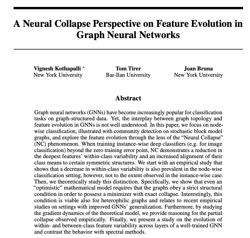 Can 'Neural Collapse' occur in Graph Neural Networks?

Only if the computation graph satisfies a particular structural condition! 

Checkout our #NeurIPS2023 paper (w/ @TirerTom @joanbruna) for additional NC insights on GNN training+inference on Stochastic Block Model graphs 🙂!