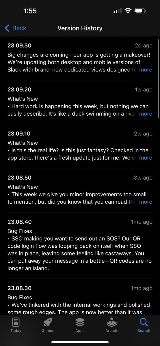 . <a href="/QuickBooks/">Intuit QuickBooks</a> app version update notes vs <a href="/SlackHQ/">Slack</a>. Give us some details QB. What are you fixing?

It takes your iPhone app on average over 10 seconds to open, god forbid you’re in a checkout line wanting to quickly scan a receipt. It’s 2023. Please fix this
