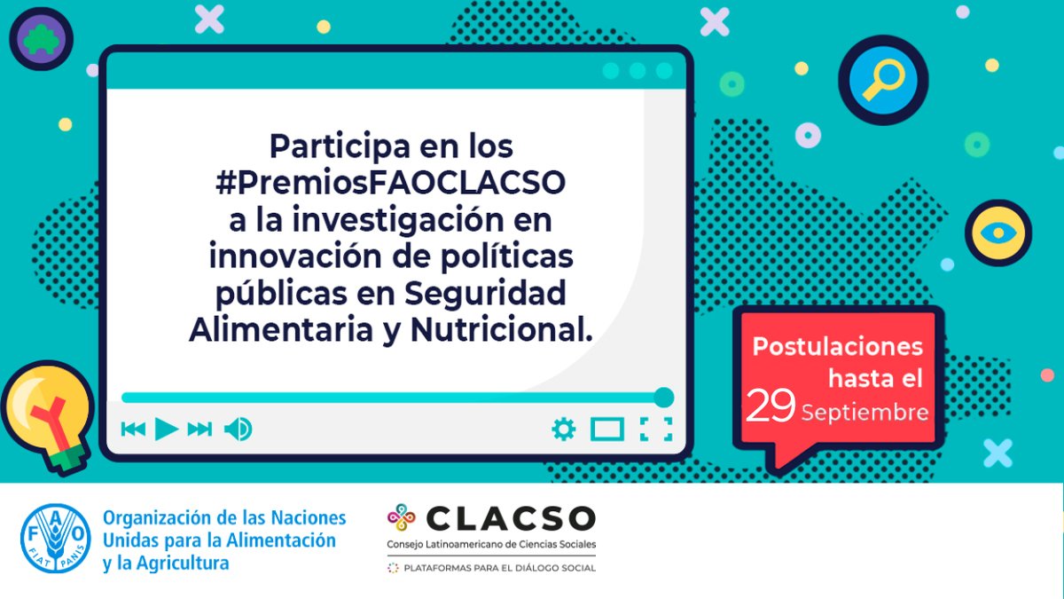 🔔 Participa de los #PremiosFAOCLACSO, un reconocimiento a investigadores que aportan al desarrollo de políticas públicas en el ámbito de la #SeguridadAlimentaria y Nutricional

💻 Conoce más: fao.org/americas/socio…