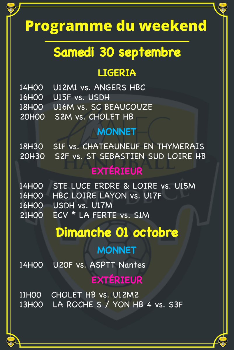 📰 Dernier weekend de septembre ou premier d'octobre 🏠 7 matchs à domicile 🚕 6 matchs à l'extérieur 💪 Force à tous que la victoire soient avec vous ℹ️ pontsdece-handball.fr/programme-resu… #teamPDC #Césport #ffhb #handball #matchs #weekend #programme