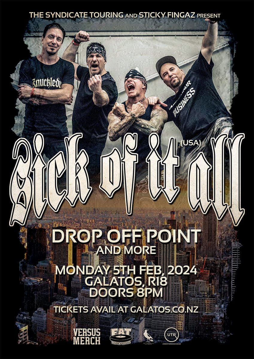 dogrunbookings's tweet photo. ONE NIGHT ONLY NEW ZEALAND!

SICK OF IT ALL 
DROP OFF POINT 
AMANAKI
+ MORE TBC

GALATOS AUCKLAND
DOORS 8PM. R18
MON 5TH FEB 2024
WAITANGI DAY EVE

TICKETS UP NOW AT https://t.co/5lZKTtmwGR

GET ON IT YO https://t.co/hrBaVJU52v