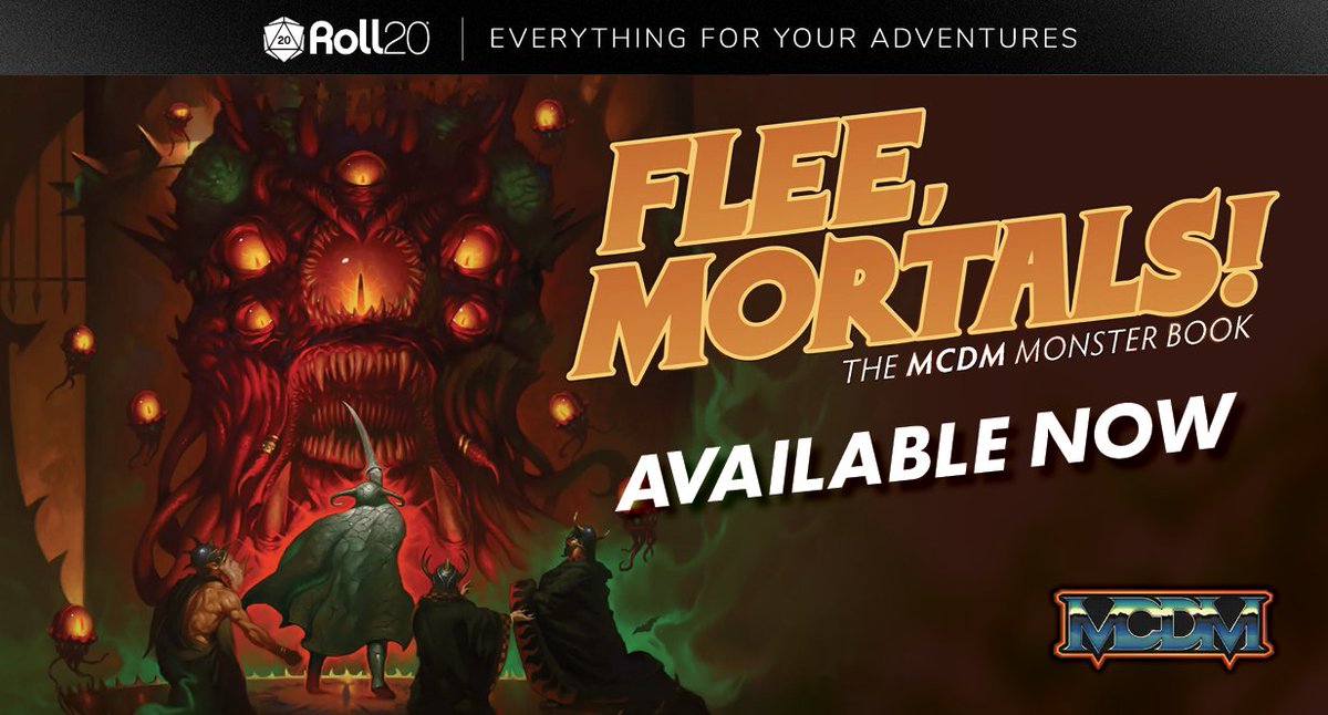 roll20app's tweet photo. 🏃‍♀️😱 Flee, Mortals! from @helloMCDM is available now on Roll20!

😈 Step up your 5e monster game with this that gives you 500+ reimagined statblocks, 9 maps for all your fantasy needs, art pack with hundreds of monster token art + more!

⚔️ Grab it today: https://t.co/aSLDz9vuQ5 https://t.co/two6CuHFTJ