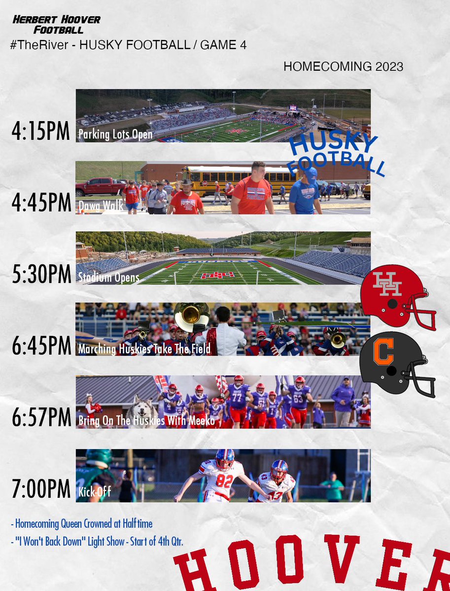HHHuskiesFB's tweet photo. Herbert Hoover Huskies Homecoming Gameday Timeline ⤵️

#TheRiver #GoHuskies https://t.co/sd4MamzSGL