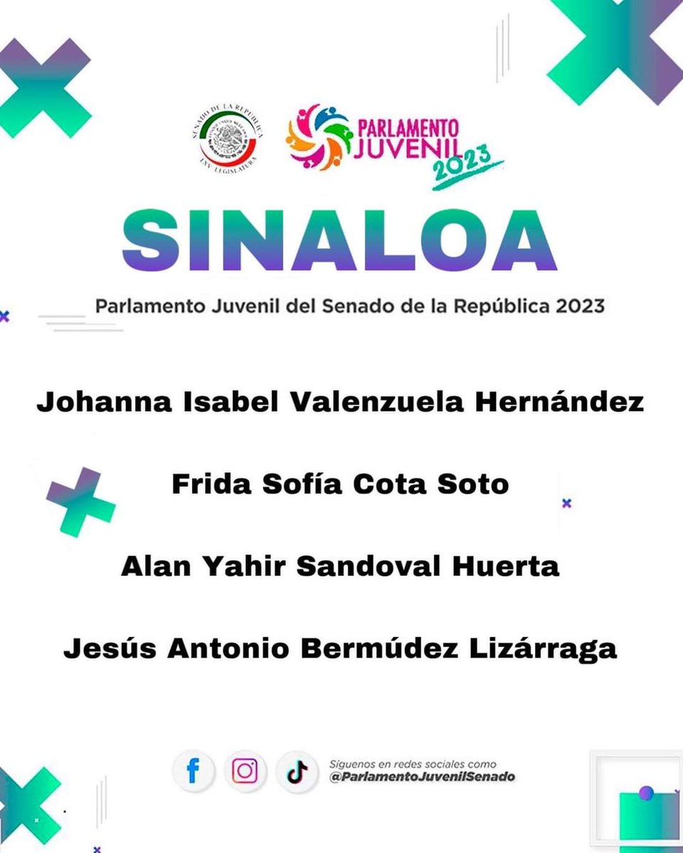 ISJUmx's tweet photo. Muchas felicidades a Johanna Isabel Valenzuela Hernández, Frida Sofía Cota Soto, Alan Yahir Sandoval Huerta y Jesús Antonio Bermúdez Lizárraga, quienes son los 4 jóvenes que representarán a Sinaloa en el Parlamento Juvenil del Senado de la República. 👏🏼🇲🇽 https://t.co/QYdHpjXkNZ