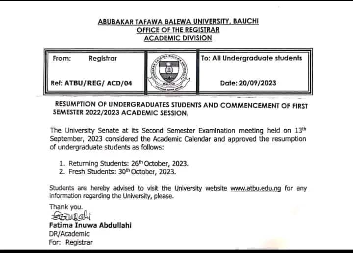 DanMornSir's tweet photo. Resumption Of Undergraduate Students And Commencement Of First Semester 2022/2023 Session

The University Senate at its Second Semester Examination meeting held on 13th September 2023 considered the Academic Calendar &amp; approved the resumption of undergraduate students as follows: https://t.co/4iD3wZg4cq