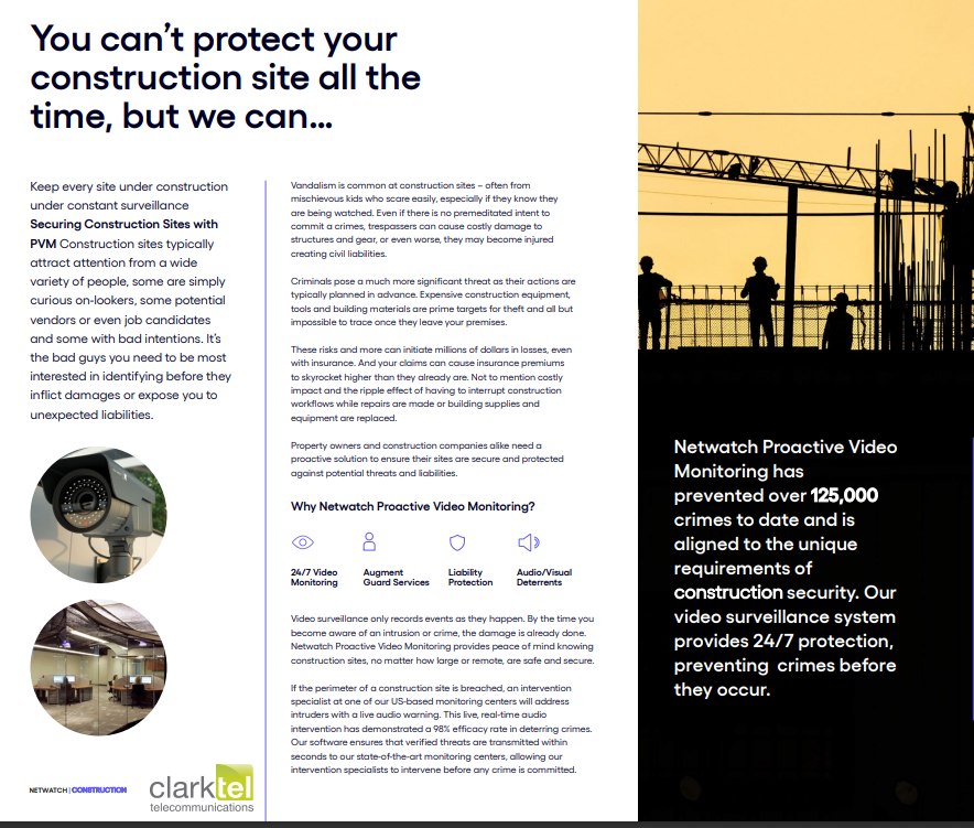 ClarktelTelecom's tweet image. The Challenge of Securing a #Construction
Job site. Traditional security options like perimeter fencing, video surveillance and motion alarms are not effective for construction for a number of reasons:
For more info contact us at info@clarktel.net @NetwatchNA #clarktel