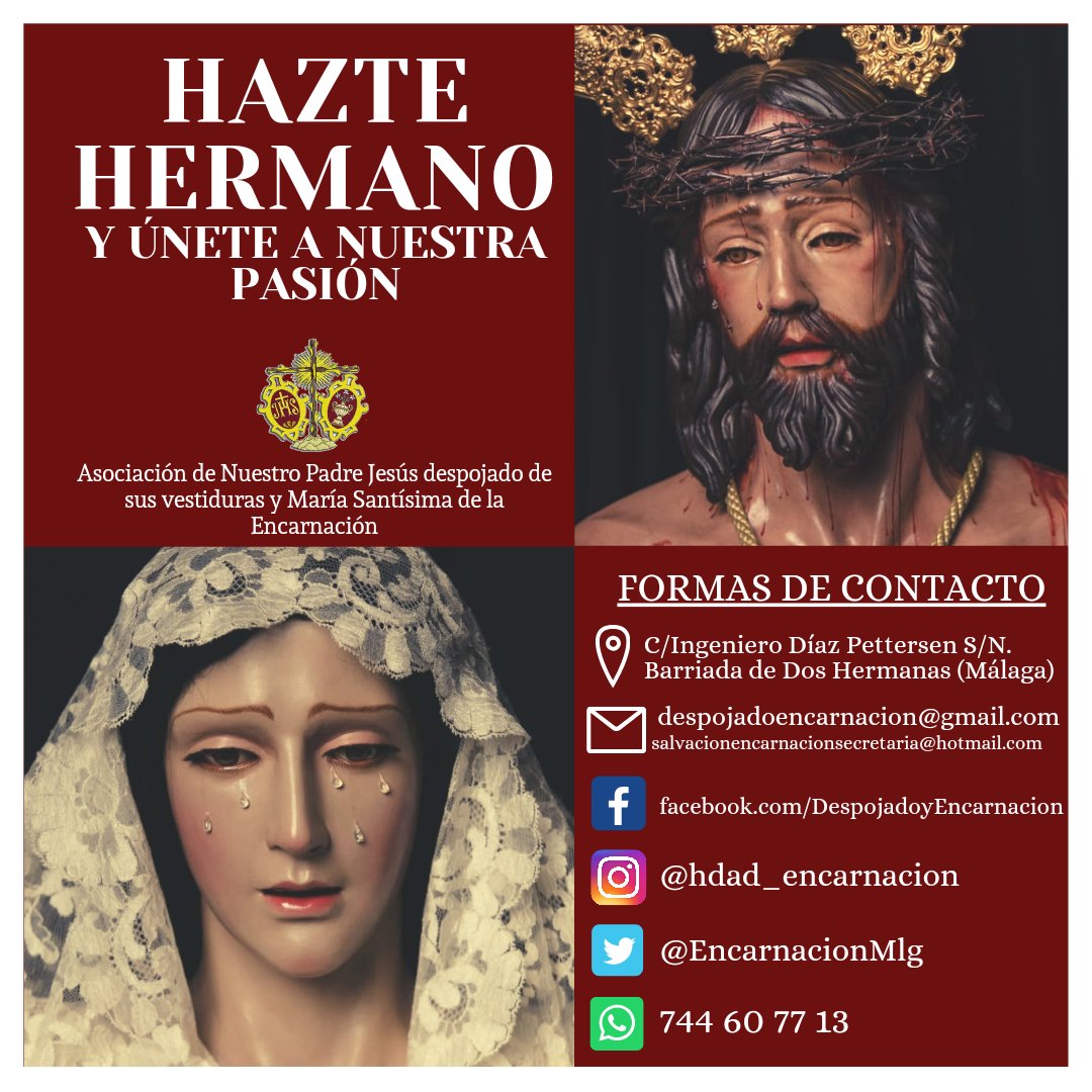 ¡Hazte hermano y síguenos en todas nuestras redes sociales para no perderte ninguna noticia! #contáctanos

#CofradiasMLG 
#VisperasMLG 
#despojadoyencarnacion 
#doshermanasmalaga