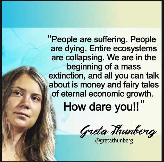 CodeRedEarth's tweet photo. "We are in the beginning of a mass extinction, and all you can talk about is money and fairy tales of eternal economic growth.

How dare you!!"
@GretaThunberg 
#ClimateEmergency https://t.co/9m80bikA9q