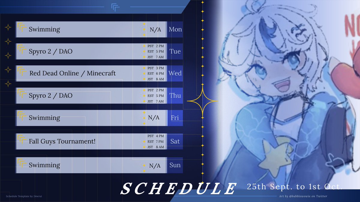 maplemaybealt's tweet photo. 🐬9/25 - 10/1🐬

This weeks schedule! I put 2 games per day so I have an option if I get bored. We'll also be helping @JunimeiVT fundraise during streams!

#sylive #vtubers #VtuberEN #Vtuberオーディション https://t.co/rtASDg0Z9N