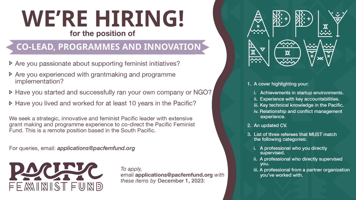 PacFemFund's tweet image. Alert: Deadline Extended!!! 🌺Join Us as Co-Lead, Programmes and Innovation - Championing Feminist Grant Making! We're searching for a visionary Co-Lead to create transformative programmes and empower communities in the Pacific region. Apply now! shorturl.at/puIR4