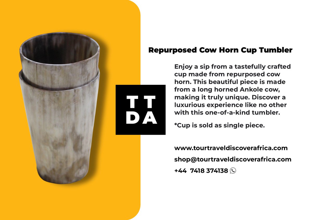 TourTravelDA's tweet photo. Enjoy a sip from a tastefully crafted cup made from repurposed cow horn. This beautiful piece is made from a long horned Ankole cow, making it truly unique. Discover a luxurious experience like no other with this one-of-a-kind tumbler. #ttda #africancraft https://t.co/T0zza0M8um