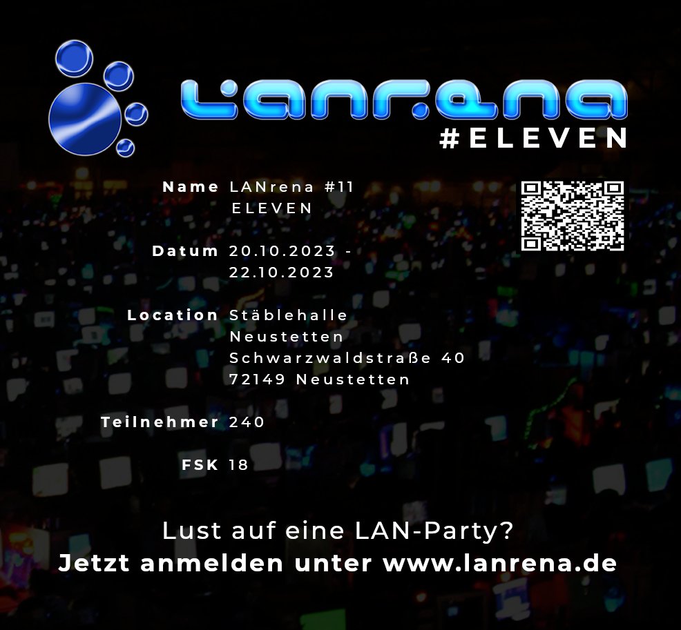 LANrena Neustetten (@lanrena) on Twitter photo Lust auf eine LAN-Party?
Wir starten im Oktober mit unserer 11 LAN-Party.
Jetzt anmelden unter lanrena.de
#lanparty #rottenburgamneckar #tübingen #stuttgart #badenwürttemberg #southgermany #gaming  #eSports Lust auf eine LAN-Party?
Wir starten im Oktober mit unserer 11 LAN-Party.
Jetzt anmelden unter lanrena.de
#lanparty #rottenburgamneckar #tübingen #stuttgart #badenwürttemberg #southgermany #gaming  #eSports