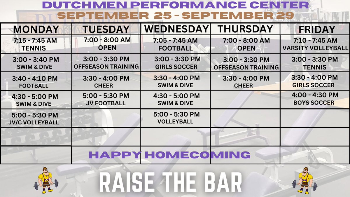 Dutchmen, Homecoming is upon us. Here is the schedule as we enter a busy week. Stay focused on the process and continue putting your best foot forward. #RaiseTheBar #TheDutchmenWay