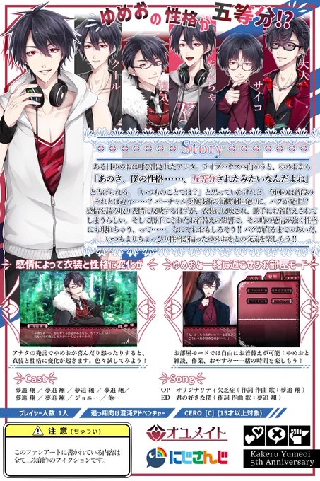 そして元々「せや!ゆめお5周年やし五等分したろ!よく人格分裂しとるしぴったりやんけ!^^」と思って二次創作したものの、いざ完成してみたらあまりにもおふざけに寄りすぎていたので「いや…ちょっと、これ流石にふざけ…、もう少し素直にお祝いしたいかも……」となってしまったものがこちらです 