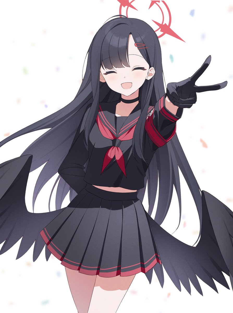 1girl solo school uniform skirt wings long hair black hair  illustration images