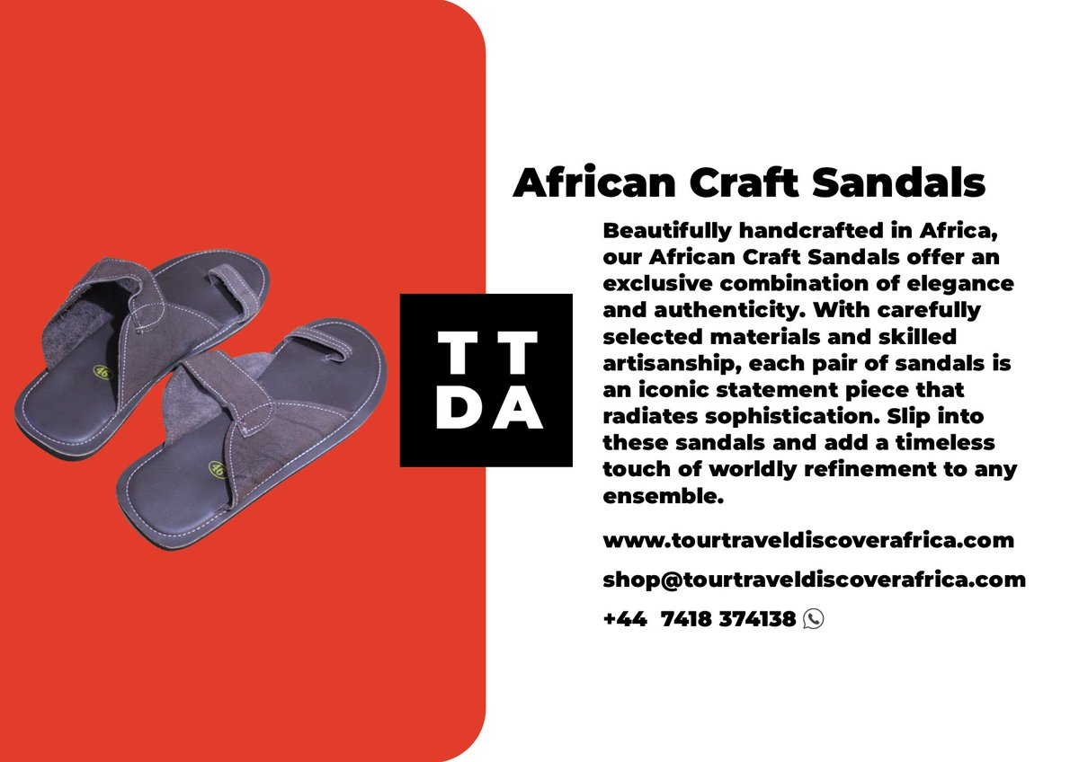 TourTravelDA's tweet photo. Beautifully handcrafted in Africa, our African Craft Sandals offer an exclusive combination of elegance and authenticity. With carefully selected materials and skilled artisanship, each pair of sandals is an iconic statement piece that radiates sophistication. #ttda #sandals https://t.co/p41HgST9wJ