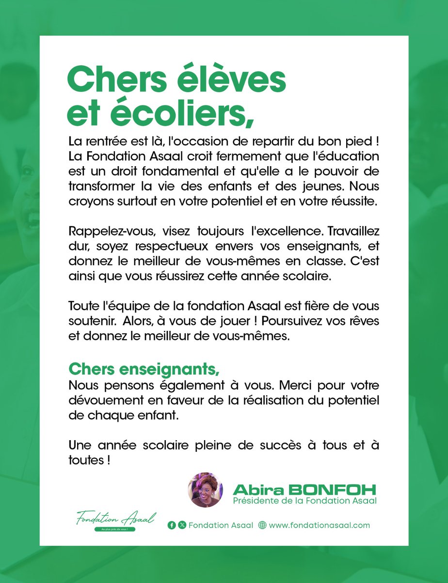 1/..
La rentrée est là, l'occasion de repartir du bon pied ! La Fondation Asaal croit fermement que l'éducation est un droit fondamental et qu'elle a le pouvoir de transformer la vie des enfants et des jeunes. Nous croyons surtout en votre potentiel et en votre réussite.