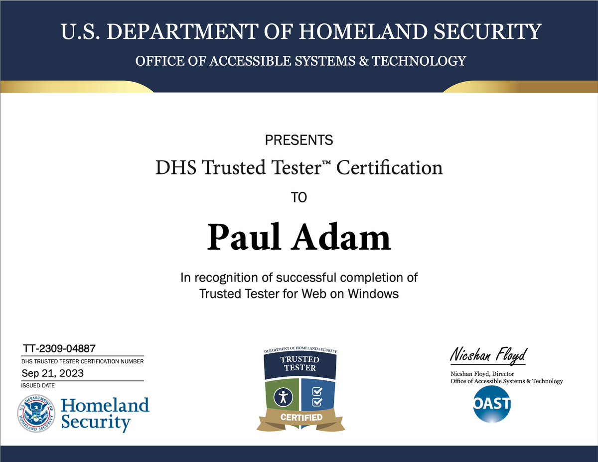 I'm now DHS Trusted Tester™ Certified in #Section508 and #WCAG #a11y 
training.section508testing.net