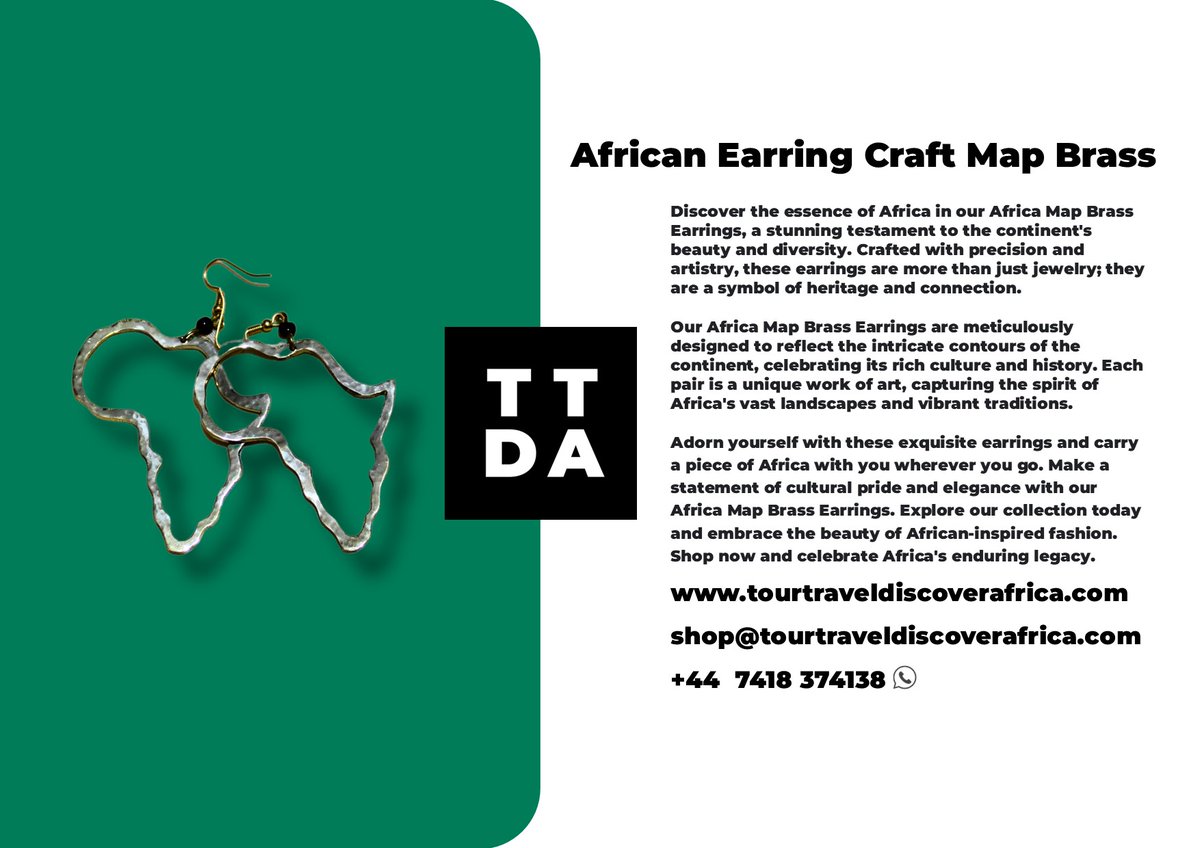 TourTravelDA's tweet photo. Discover the essence of Africa in our Africa Map Brass Earrings, a stunning testament to the continent's beauty and diversity. Crafted with precision and artistry, these earrings are more than just jewelry; they are a symbol of heritage and connection. #ttda #africa https://t.co/Xkz0Fa7c7w