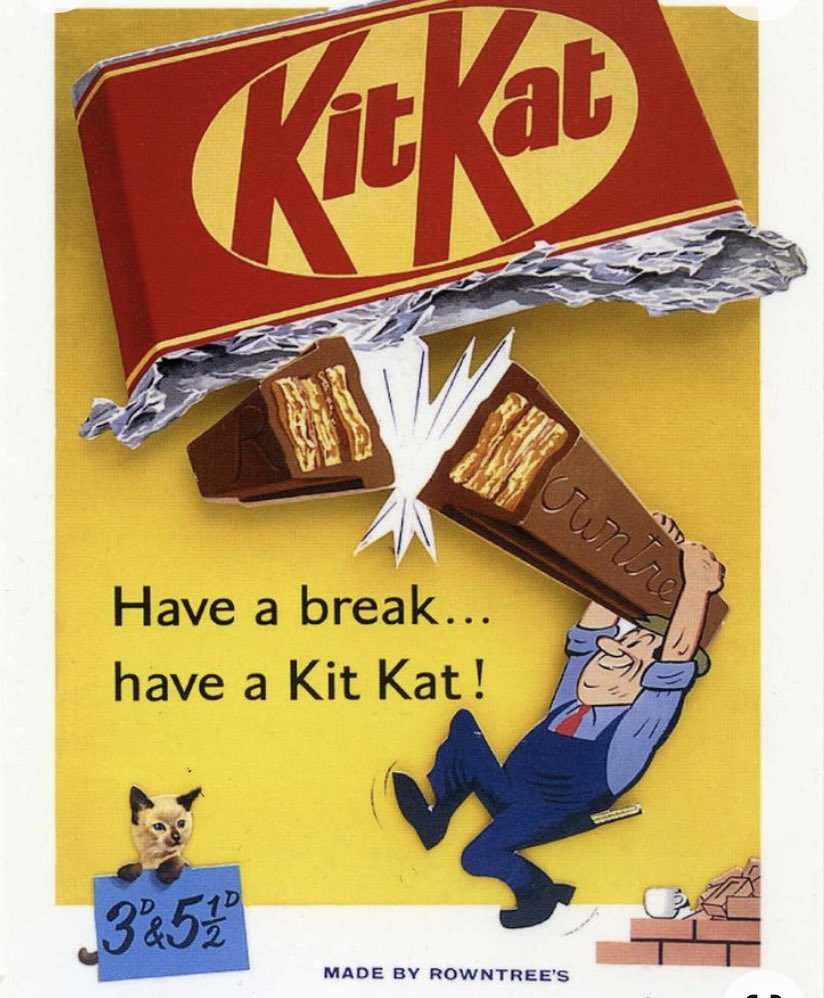 Per ací us deixe l'anunci que he triat.
Corria l'any 1957 quan va aparéixer per primera vegada en els televisors el conegut eslògan de *KitKat -'Pren-te un respir, pren-te un *KitKat'-. Des de llavors, aquest lema s'ha estés per tot el món . #publiturisme2023