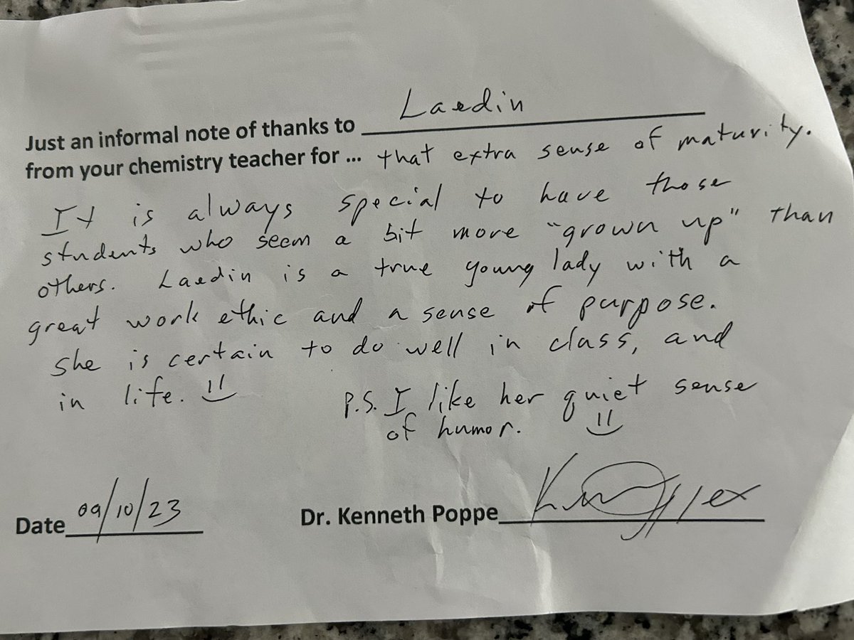 StaceyUtley1's tweet photo. Laedin received this note from her chemistry teacher; which she has now displayed it proudly on the refrigerator.🥰
Dr. Poppe is a retired college professor who came out of retirement to fill a need at our high school.  (continued in comments)… https://t.co/Yf7SoSB4Gf