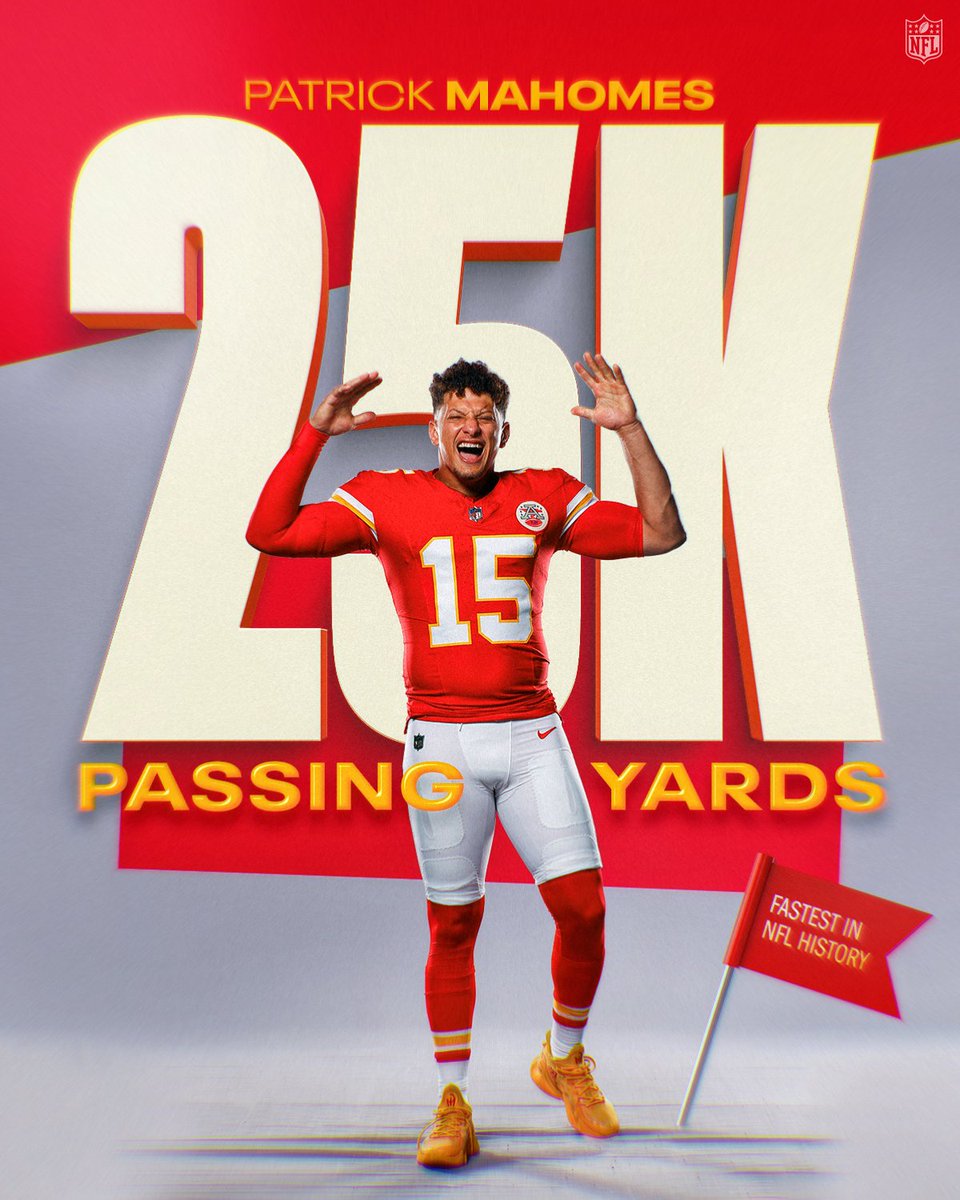 Fastest QB ever to reach 25,000 passing yards (83 games) @PatrickMahomes 👑