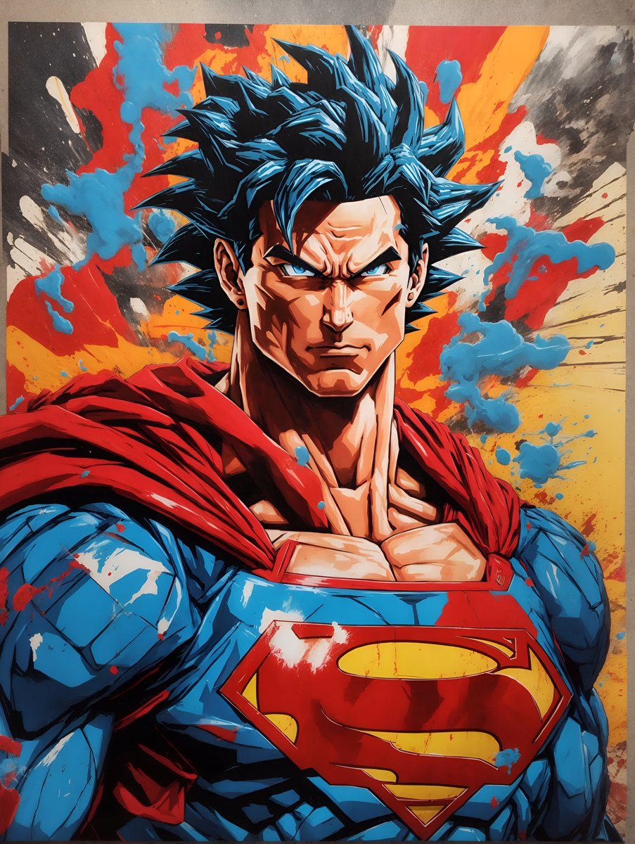 The Ultimate Hero Mashup. 
No need to explain. 
Is there any being on any #mythology that could be more #powerful than this one?

#superman #goku #aiart #comic #popart #popartstyle #comics #anime #AnimeArt #cool #color #strong #ai #superhero #powers #ia #AIArtwork #hugoai #heffai