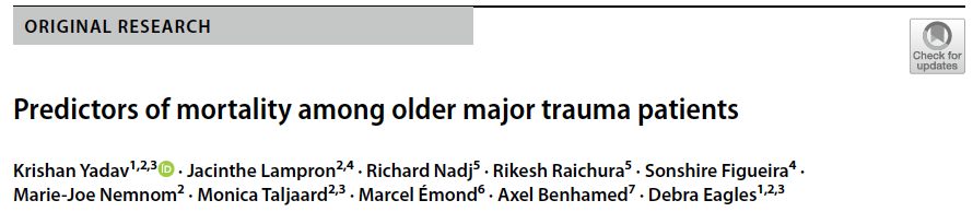 Check out our new paper examining factors associated with mortality among older trauma patients: link.springer.com/article/10.100…