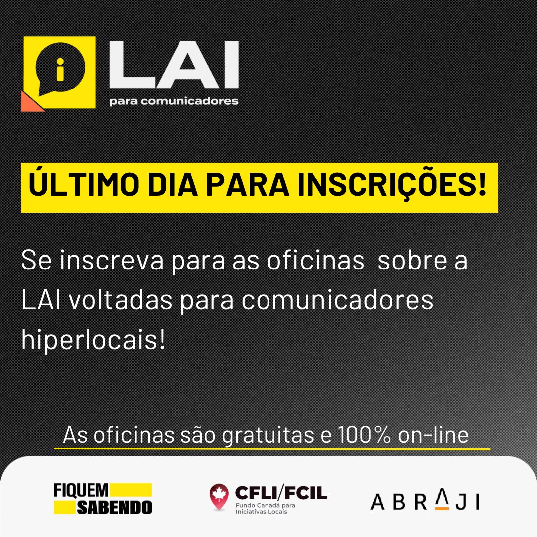 🚨 ÚLTIMO DIA PARA INSCRIÇÕES🚨
📣 Realizado pela pela Fiquem Sabendo e pela @abraji_ com apoio do Fundo Canadá, o projeto tem como objetivo ajudar iniciativas hiperlocais a fazer apurações com dados obtidos pela LAI!
Inscreva-se já: bit.ly/laicomunicador…