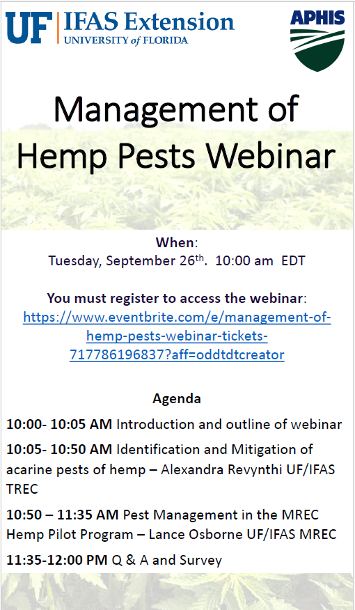 If your hemp plants are plagued by pests, join Dr. @alex_revynthi for Tuesday's webinar. Register here: eventbrite.com/e/management-o… #IndustrialHemp #PestManagement #Acarine