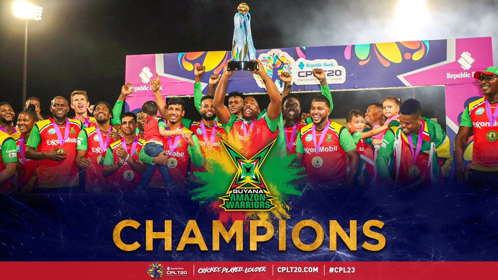 CPL's tweet image. CHAMPIONS 🏆🇬🇾 
#CPL23 #CPLFinal #TKRVGAW
#CricketPlayedLouder #BiggestPartyInSport