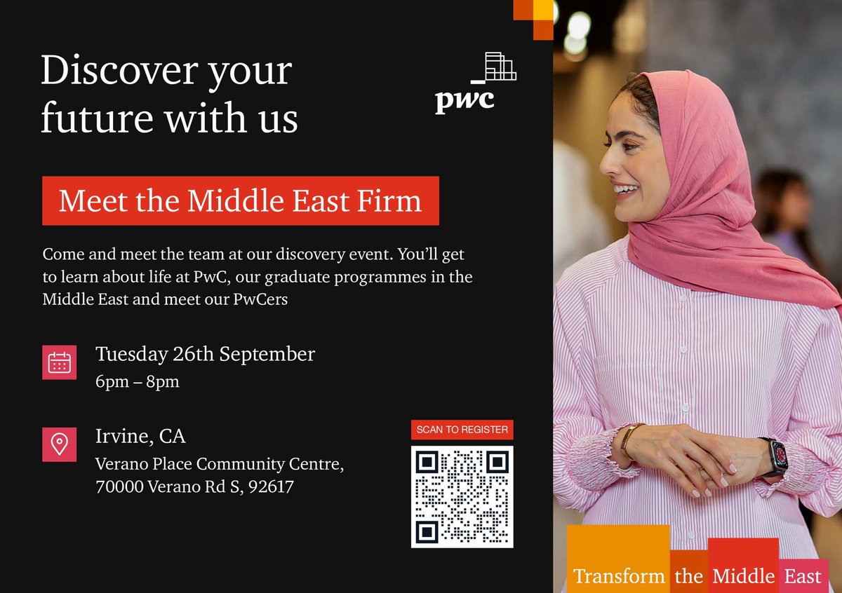 UCISaudiClub's tweet photo. السلام عليكم ورحمة الله وبركاته، 

بإذن الله سيقيم نادينا بالتعاون مع شركة PwC فعالية بعنوان Meet the Middle East Firm. تهدف الفعالية لاستقطاب طلاب لفرص وظيفية وتدريبية. المكان 7000 Verano Road S, Irvine, CA 92617.. وذلك في تاريخ 09/26. https://t.co/m2LMtZe4Q5