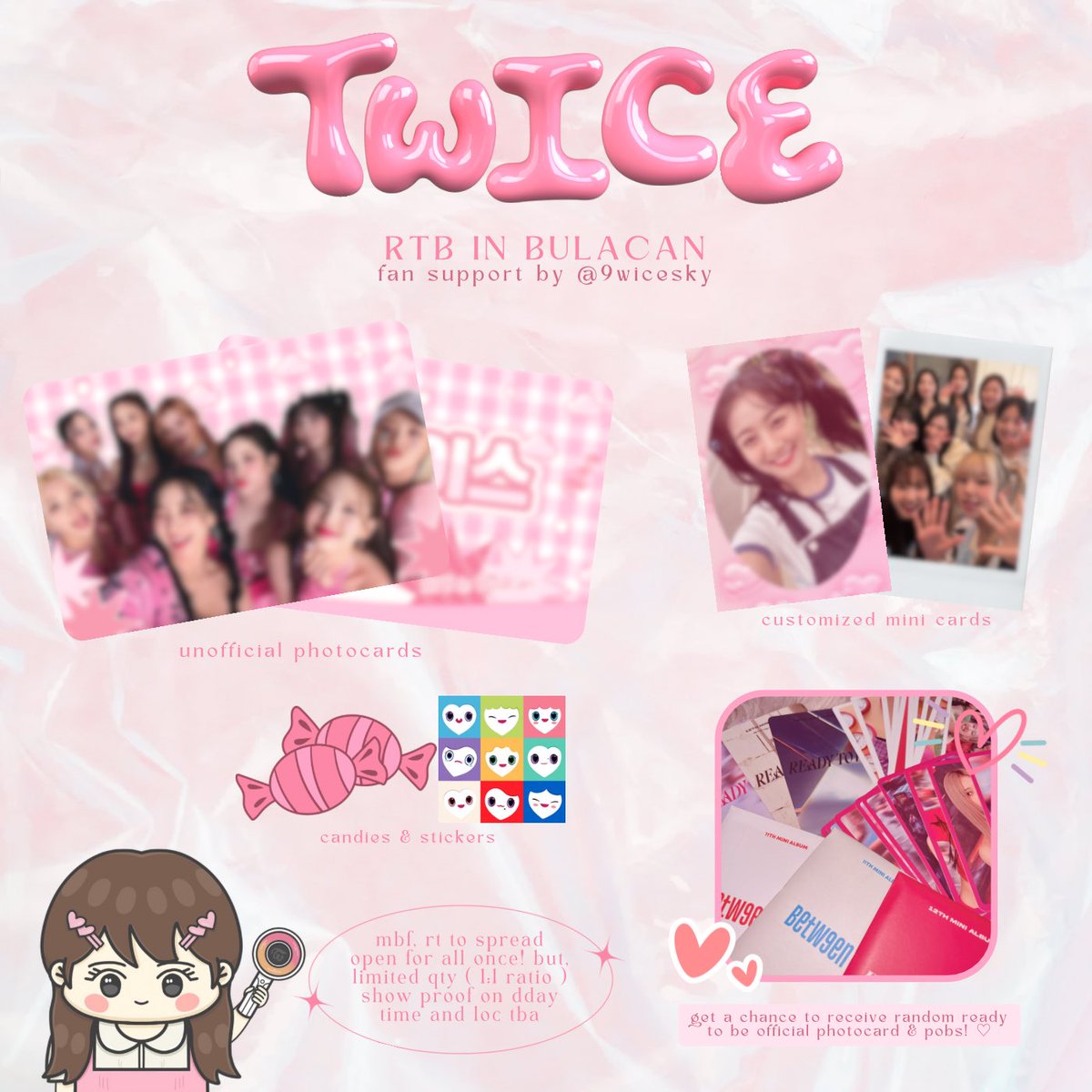 9wicesky's tweet photo. mini fan support by chi ! ♡‧₊˚

hi, filo onces! i'll be giving away my extra photocards &amp; pobs ++ fanmade photocards. 

— mbf, rt to spread >< 
— for day 1 &amp; day 2, team con / team labas! ✅
— check pubmat for details

#TWICE_5TH_WORLD_TOUR #READYTOBEinBULACAN https://t.co/QrZf0rHxIs