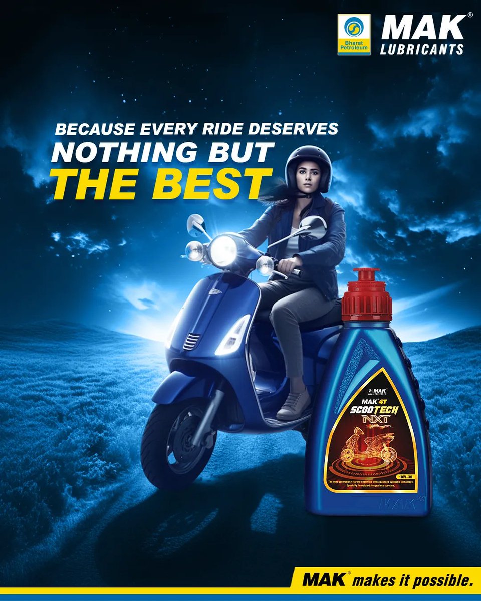 BPCLMakLubes's tweet image. Be confident and ride smoothly 
with MAK 4T SCOOTECH NXT ! 🛵
#MAK4TSCOOTECH #MAKmakesitpossible #MAKLubricants #bpcl #engineoil #scooty#scootyride #scooter #scootygirl #womenbikersofindia