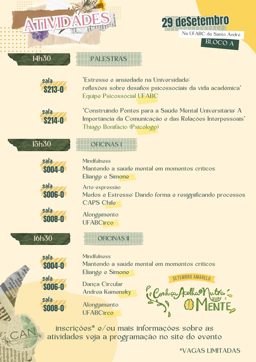 Olá Neurótic_s!

Quadri começou e já estamos como??

Vem passar uma tarde com a gente e aprender algumas técnicas p/ diminuir estresse e ansiedade!

Marca aí 29/09 às 14h30 Campus Santo André
Tá no Terceirão? Pode vir tbm

Inscreva-se pelo site↓↓↓
doity.com.br/evento-setembr…