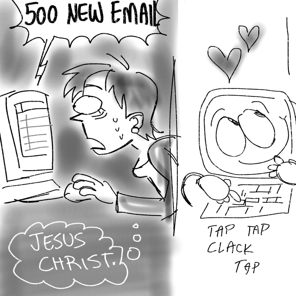 kindergarten teacher one day arrives at job and finds that she was send 500+ love emails on her work email, doesnt know its the now sentient computer from the 2008 computer lab a few doors over