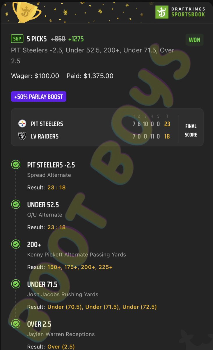 bootboyspicks's tweet image. 🚨🚨 Cash the SNF SGP🚨🚨

💰💰$100➡️➡️➡️ $1375💰💰

#gamblingtwitter #sportsbetting #Steelers