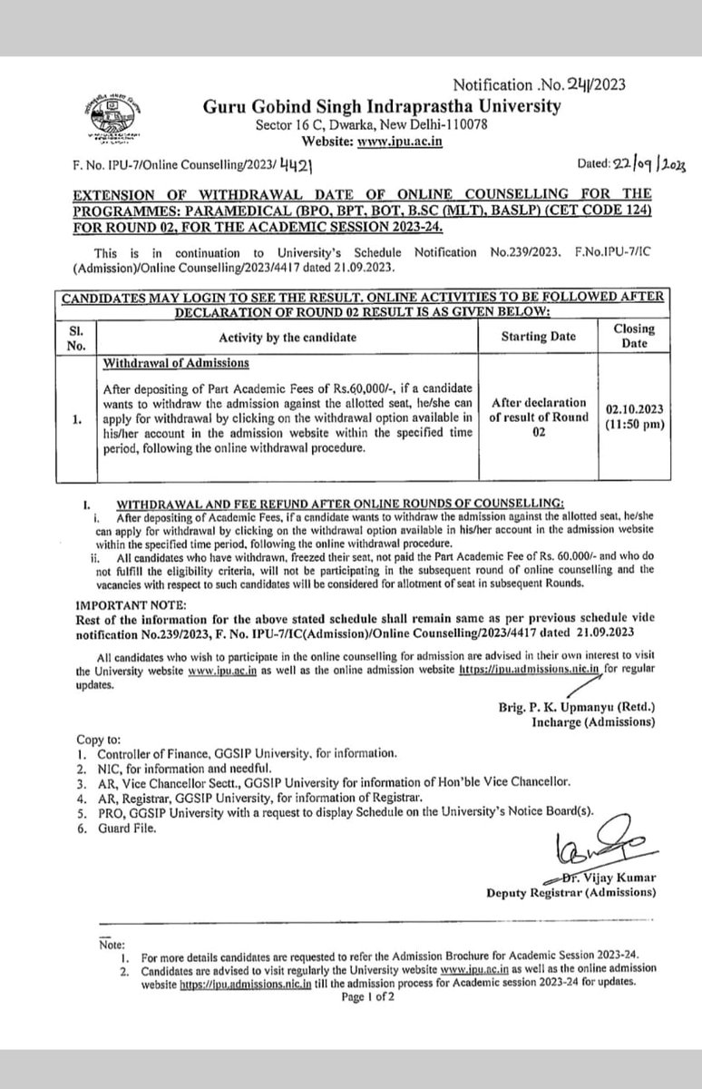 BanarsidasP's tweet image. Extension of withdrawal date of online Counselling for BPT for academic session 2023-24.
#bcip #ggsipu #admission #counselling