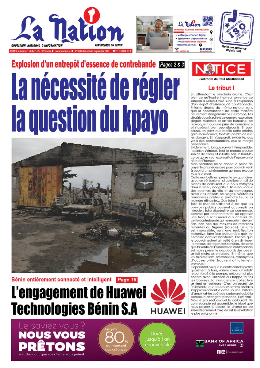 lanationbenin's tweet photo. La #une du quotidien "La Nation" du 25 Septembre 2023
Abonnez-vous à nos canaux digitaux pour recevoir l'information en temps réel
@gouvbenin
@BM_Afrique
@PNUDBenin
@numeriquebenin
@BeninDiplomatie
@Huawei
@HuaweiMobile
#LaNationBénin #Semekrake #Numerique https://t.co/DND4xBV4RF