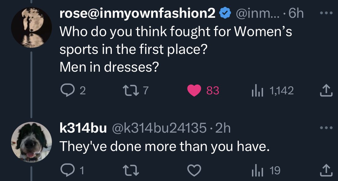 fifidobs's tweet photo. @k314bu24135 @inmyownfashion2 @_celia_bedelia_ Maybe our wires are crossed?

I was asking for elaboration re “they’ve done more than you have”. Was the “they” you were referring to Transwomen? https://t.co/858Eqyu4Xt