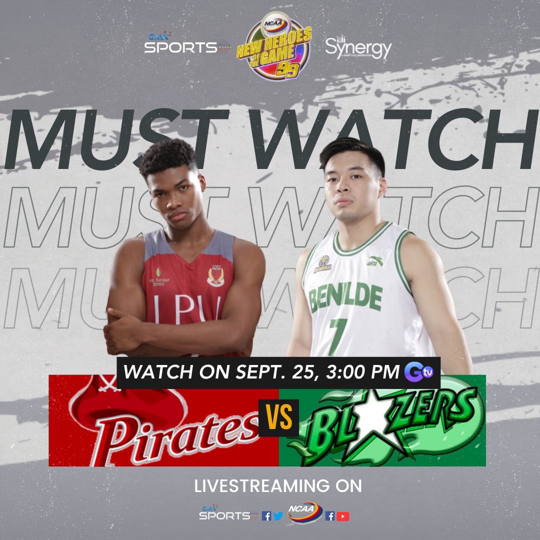 Don't miss the excitement as LPU Pirates take on the Benilde Blazers! Watch the thrilling game airing on GTV today, Sept. 25, at 3PM! 

Also livestreaming on NCAA Facebook page and YouTube channel. Follow #GMASports and GMA Synergy for more updates!