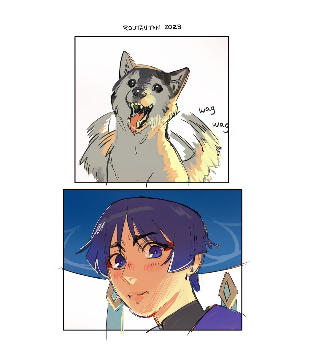 rou_tan_tan's tweet photo. Scara loves dogs ;; just two little guys 
1/3 🐕 #genshin #scaramouche #Lumine #wanderer https://t.co/ynnuxvEvWA