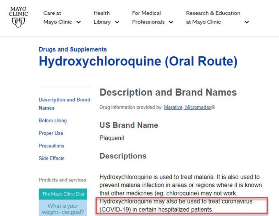 The Mayo Clinic now says Hydroxychloroquine can be used to treat COVID.   

How many lives were lost because the FDA, the CDC, the media and Democrats at large had to diminish it, all because Trump said it was a possible good option to help with Covid?
