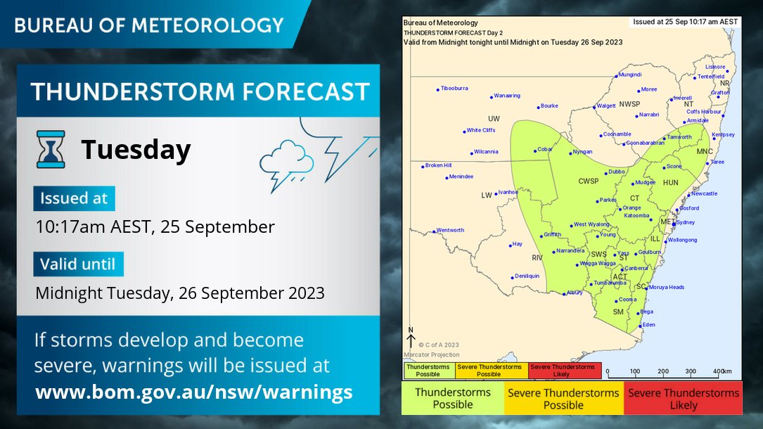 ⛈️#NSW Storm Forecast for Tues 26/9. Isolated storms are possible in southern &amp; central districts, mainly inland. Slight risk of isolated severe storms with damaging winds &amp; large hail  in southern &amp; central Tablelands &amp; W/#Sydney  Check latest forecasts:ow.ly/wWnF50PP0Rt