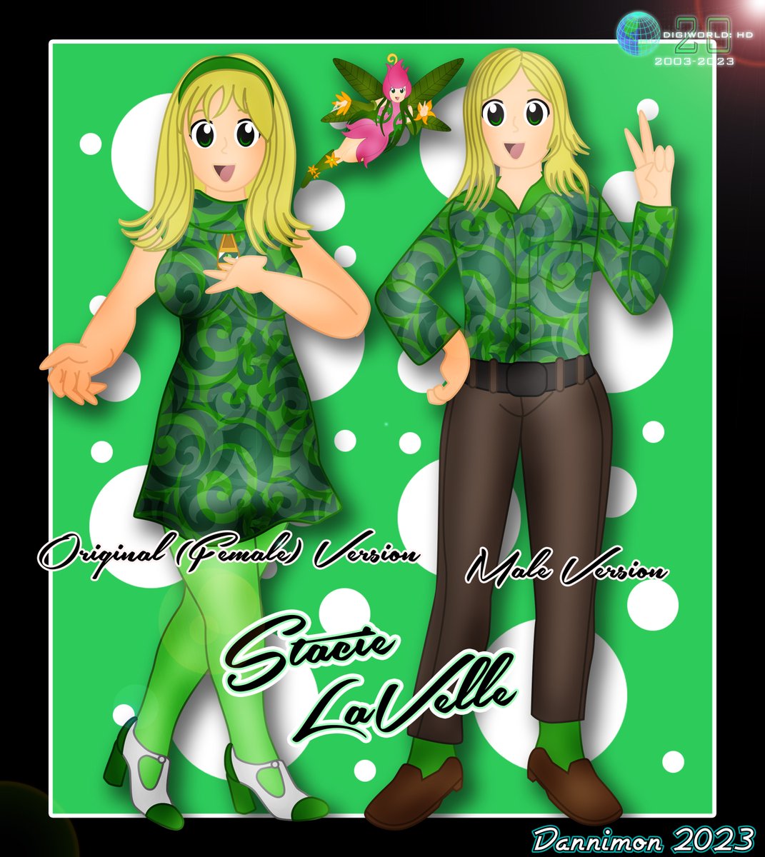 And finally Stacie LaVelle who also loves the color green and vintage fashion it was easy coming up with a male style so its only fitting the male version would reflect that. #digimon #digiworldhd #dannimondesigns #modstyle #fashiondesigner