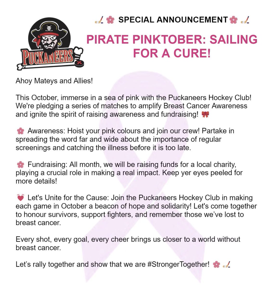 🏒🌸 PIRATE PINKTOBER - SAILING FOR A CURE! 🌸🏒

This October, we're going pink! 🎀 Join us as we dedicate our matches to breast cancer awareness and fundraising! 💖

#Puckaneers #Pinktober #BreastCancerAwareness #HockeyForACause #Hockey #YEGHockey #BeerLeagueHockey #CCRHL