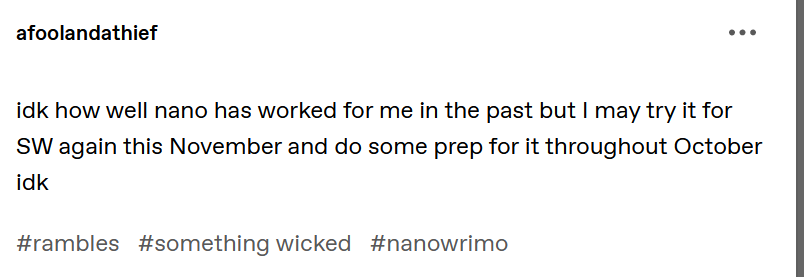 so what I'm thinking is like a weekly or biweekly run of posts in October reintroducing the WIP (since it *is* spooky after all) as I outline/plan/write a bit of Something Wicked. I'm at 50K now in Draft 3.5. maybe I really could finish this thing