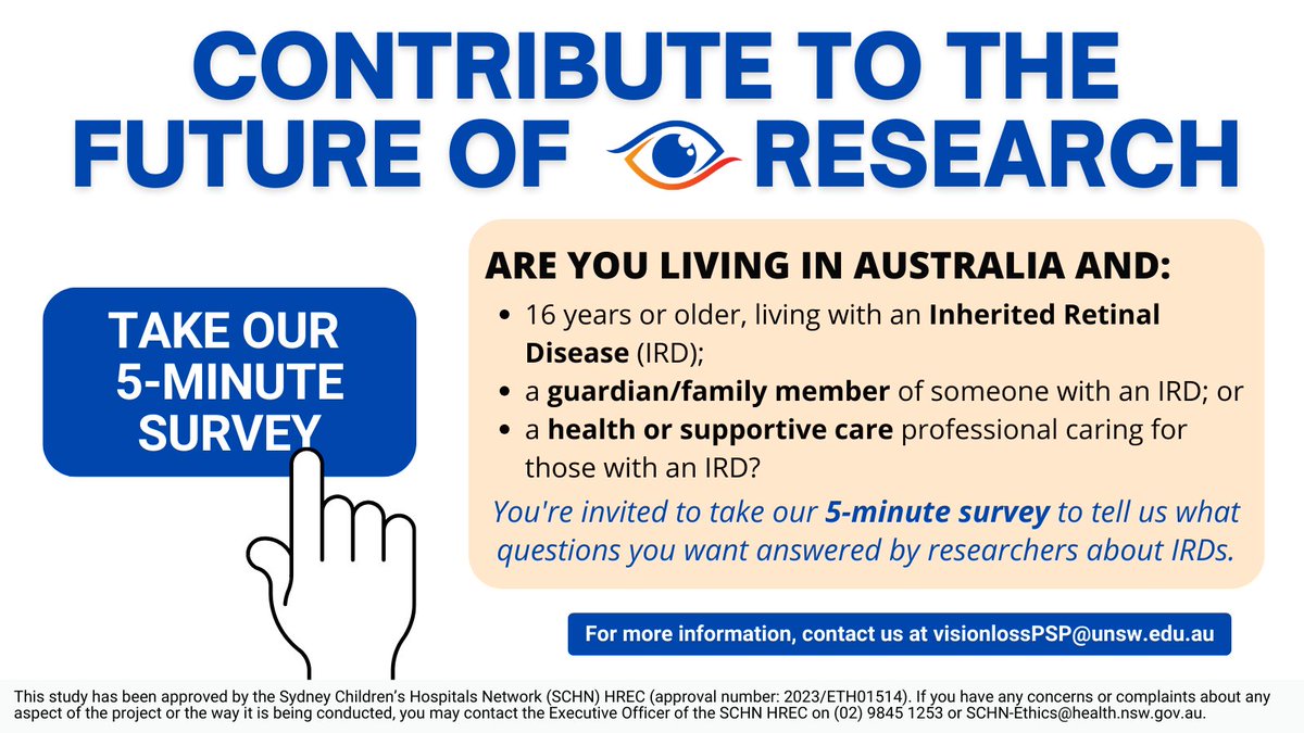 Vision Loss Priority Setting (@visionlosspsp) on Twitter photo Research into #InheritedRetinalDiseases should be driven by patients, guardians & health profs. Take/share our <a href="/LindAlliance/">James Lind Alliance</a> #PrioritySettingPartnership 5-min, anonymous survey to make sure this happens!
unsw.au1.qualtrics.com/jfe/form/SV_a9…
<a href="/RetinaAustralia/">Retina Australia</a> <a href="/GCAustralasia/">Australasian Society of Genetic Counsellors (ASGC)</a> #WorldRetinaDay Research into #InheritedRetinalDiseases should be driven by patients, guardians & health profs. Take/share our <a href="/LindAlliance/">James Lind Alliance</a> #PrioritySettingPartnership 5-min, anonymous survey to make sure this happens!
unsw.au1.qualtrics.com/jfe/form/SV_a9…
<a href="/RetinaAustralia/">Retina Australia</a> <a href="/GCAustralasia/">Australasian Society of Genetic Counsellors (ASGC)</a> #WorldRetinaDay